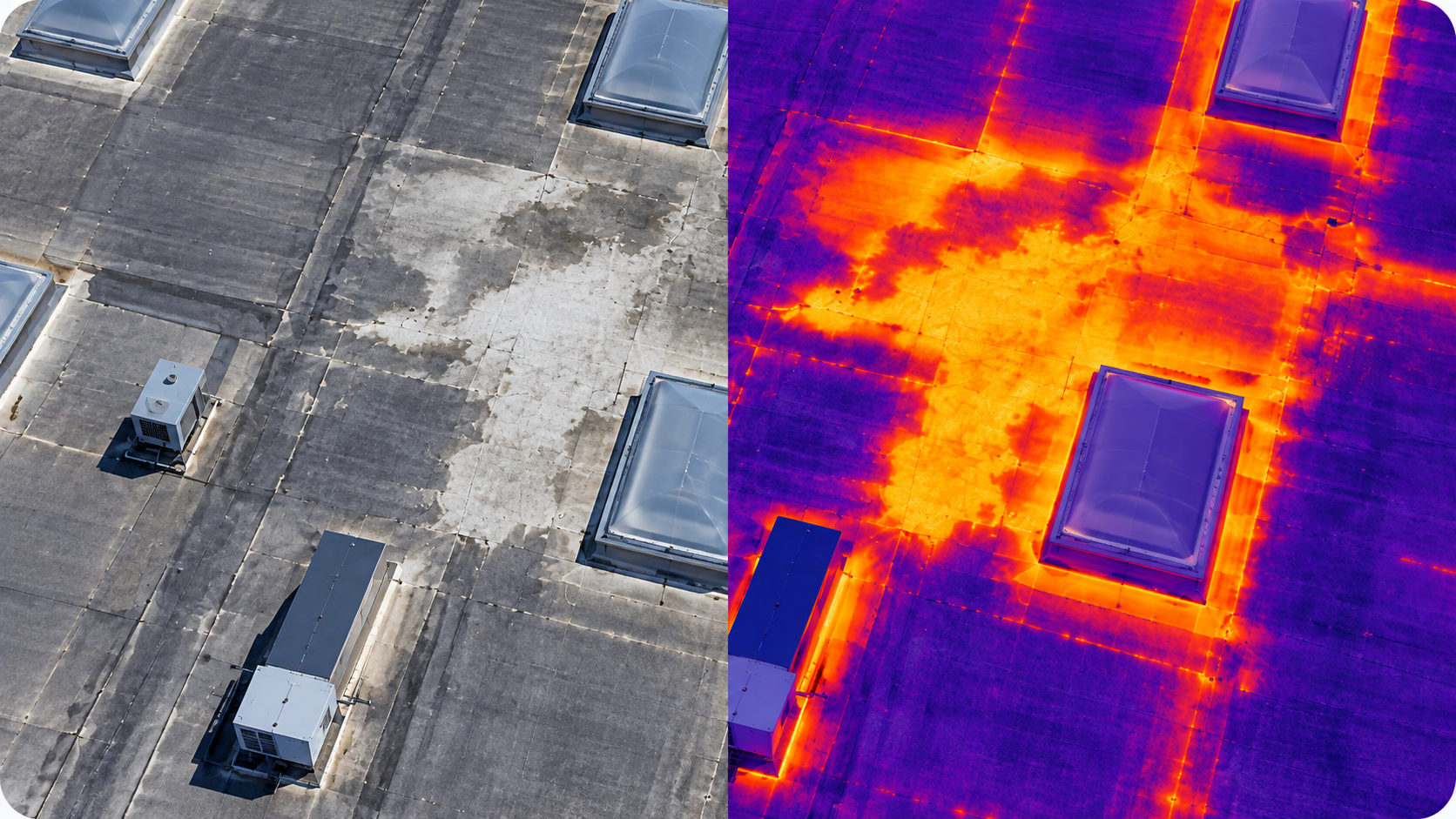 Split-screen commercial roof inspection showing normal visual imagery and matching thermal imagery